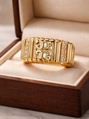 Tory Burch Gold-Tone Ribbed Logo Signet Ring with Crystal Accents